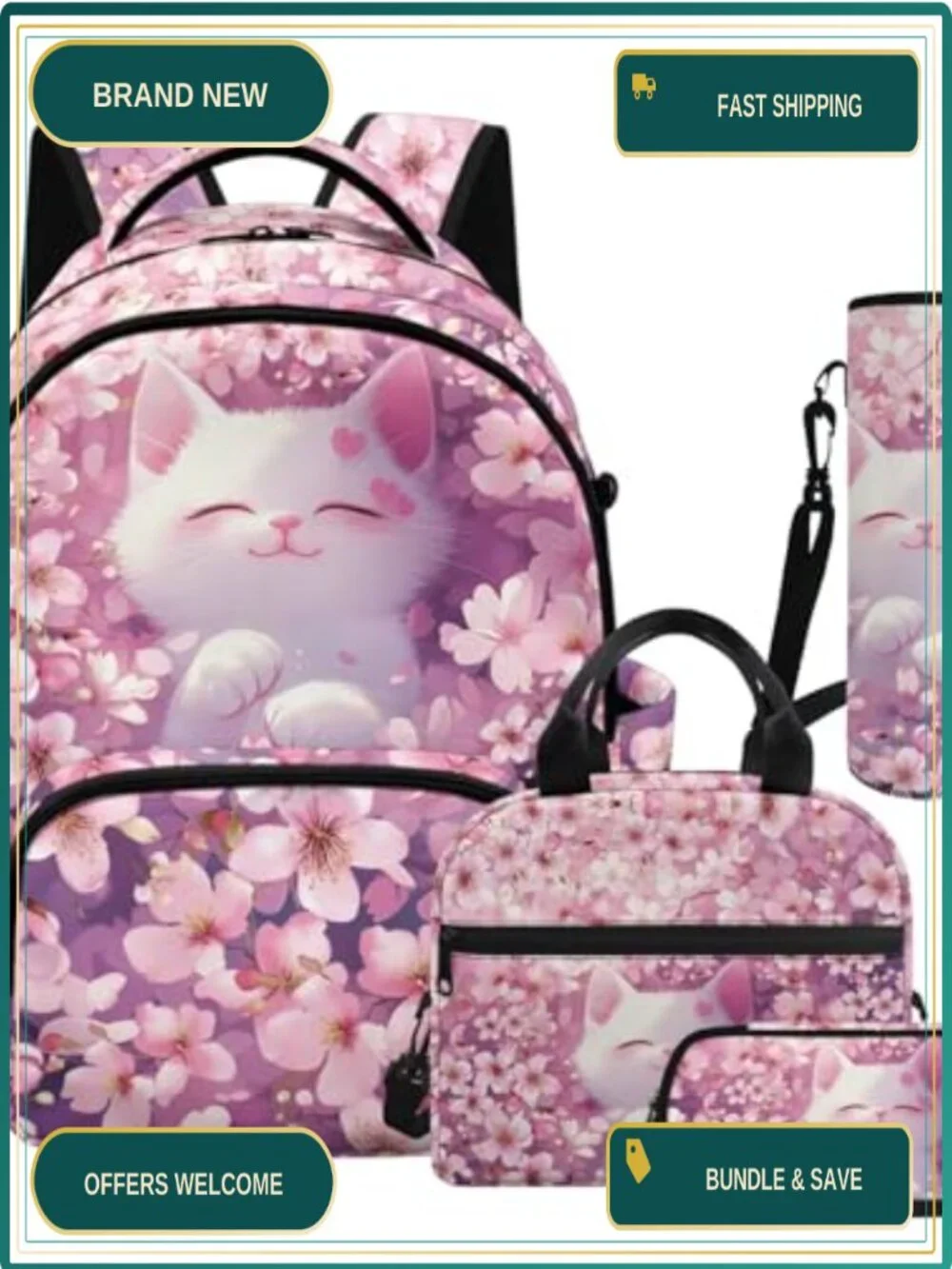 Kids 4-in-1 Backpack Lunch Bag Set Cute Cat Daypack for School Girls 17 inch